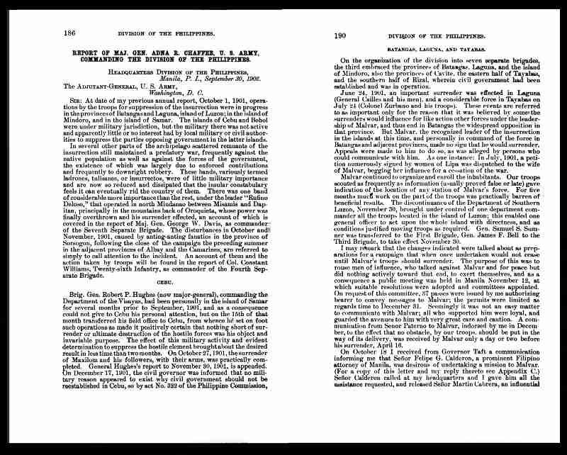 (A section of the REPORT OF MAJ. GEN ADNA R. CHAFFEE, U.S. ARMY, COMMANDING THE DIVISION OF THE PHILIPPINES)
