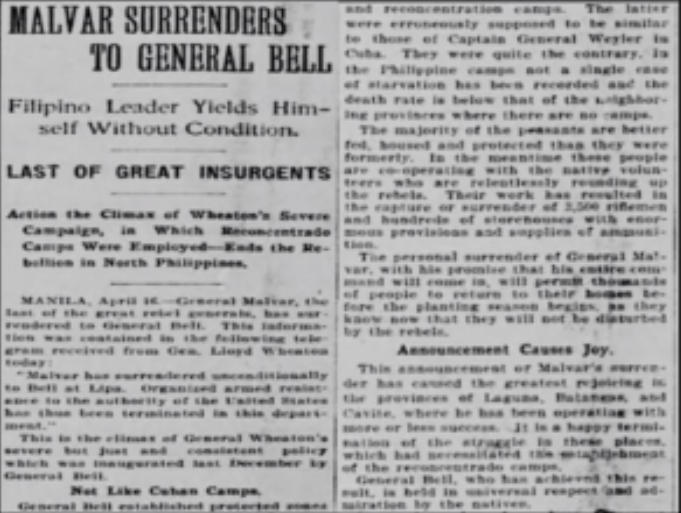 Malvar Surrenders to General Bell Newspaper Artice